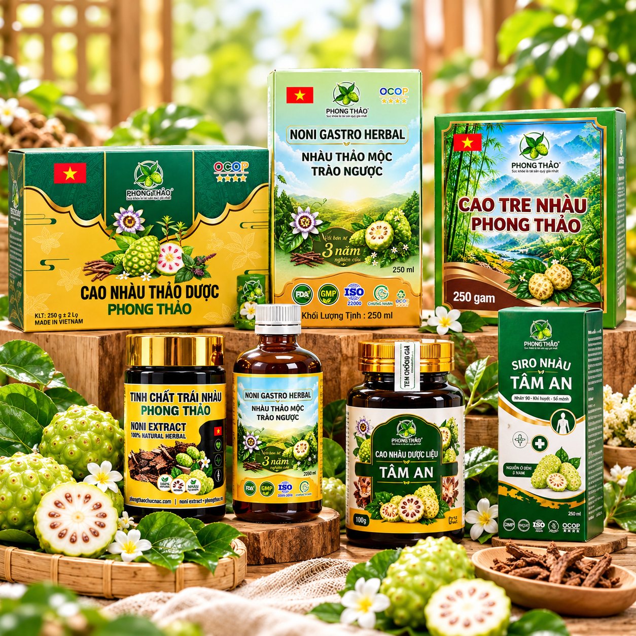 Bộ sản phẩm từ trái nhàu Phong Thảo và Tâm An bên trái nhàu tươi