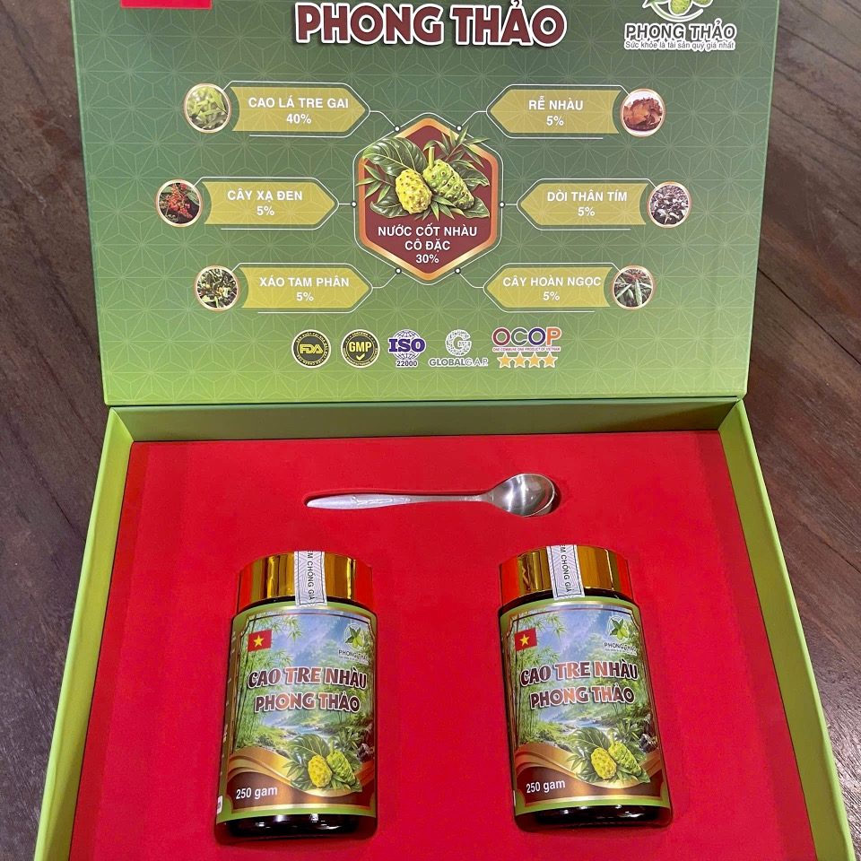 Hộp quà Cao Tre Nhàu mở nắp, bên trong 2 lọ cao và thìa
