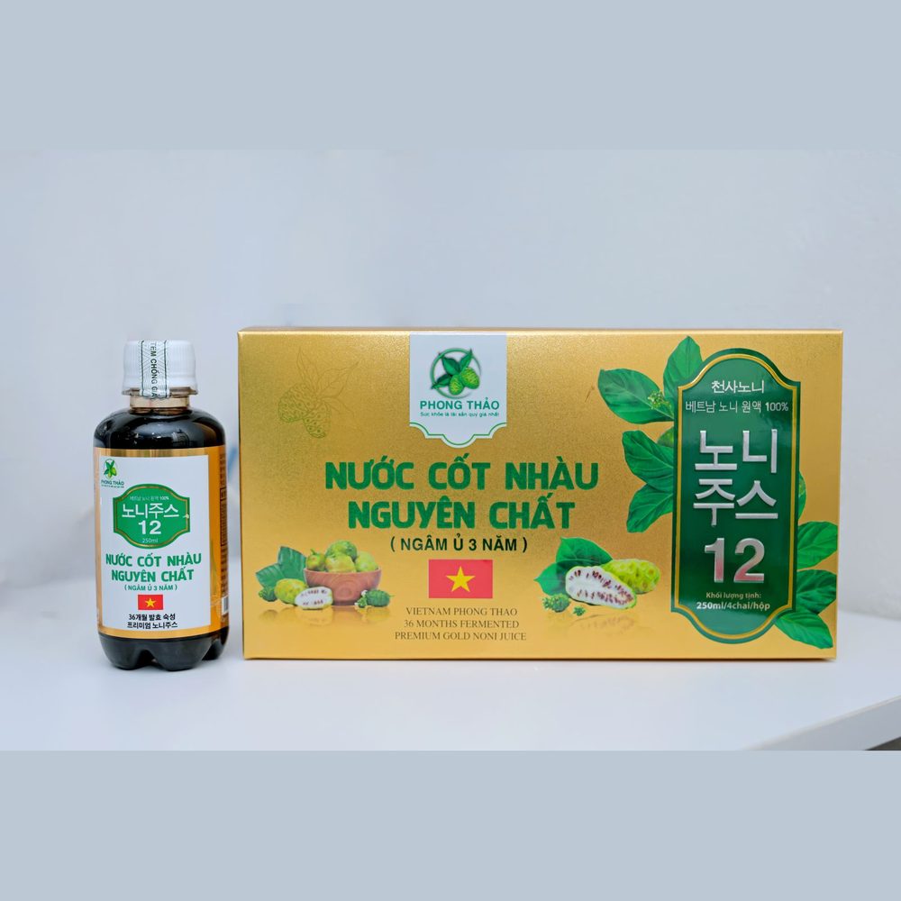 Chai và hộp Nước Cốt Nhàu Nguyên Chất