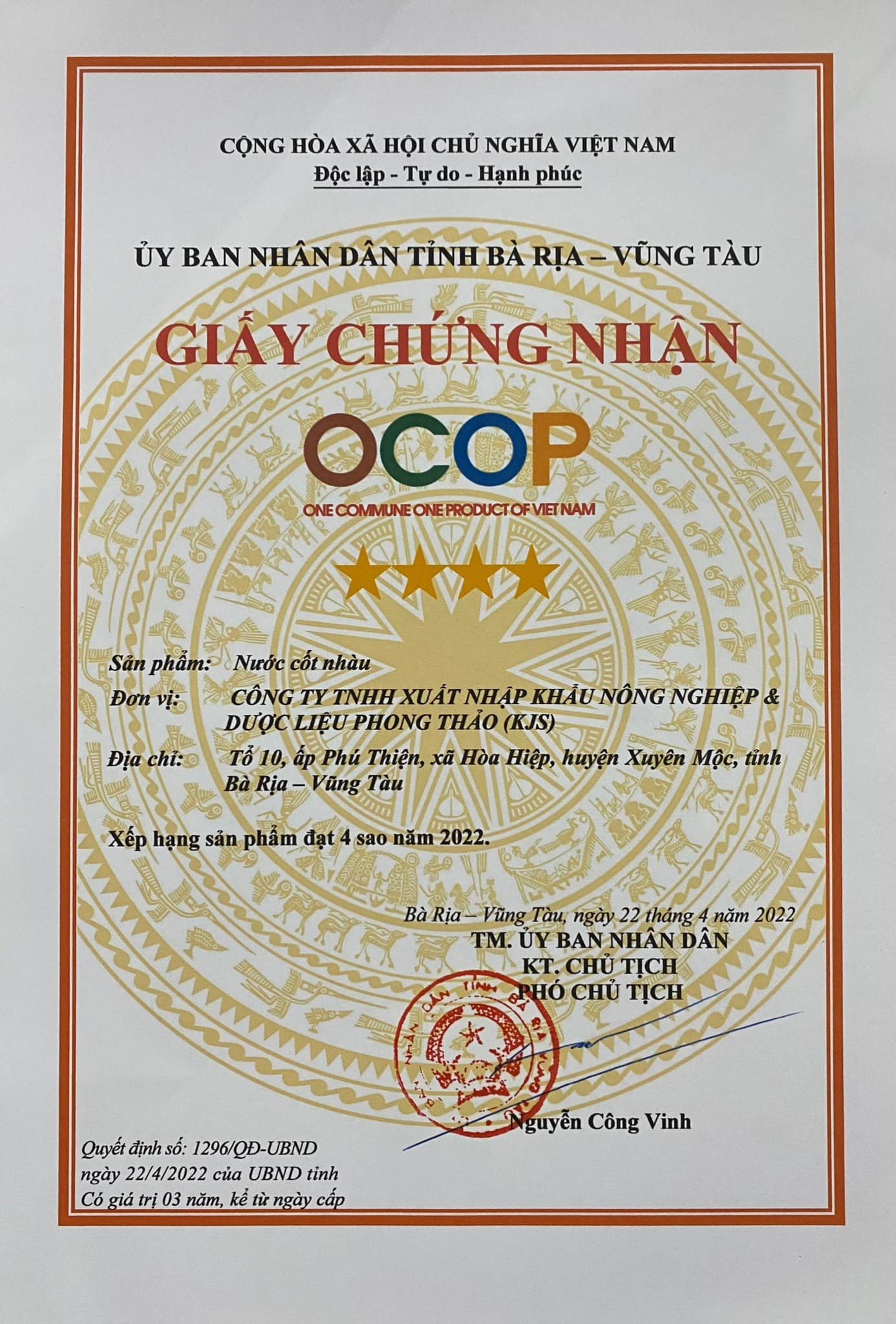 Giấy chứng nhận OCOP 4 sao – Nước cốt nhàu · QĐ 1296/QĐ-UBND, 22/4/2022